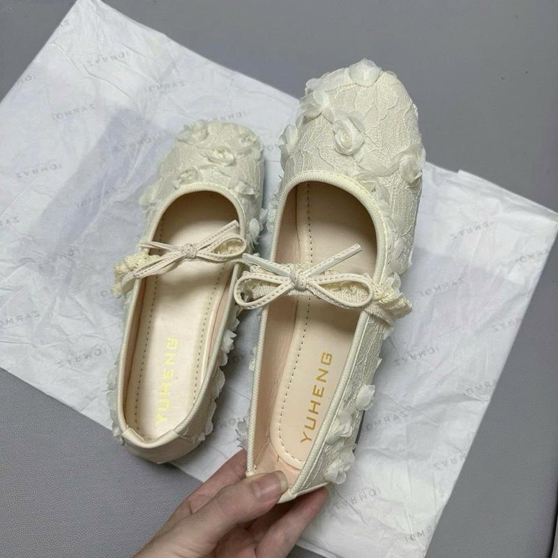 (CHÂN GẦY LÙI 1 SIZE) GB-12   Giày Bệt nữ ren hoa Hồng phối nơ xinh nhẹ nhàng mã GB-12