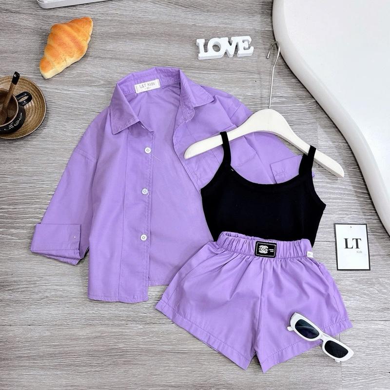 BN197 - Set 3 chi tiết áo sơmi thô hàn- áo thun hai dây - quần thô short xinh xắn cho bé gái diện hè, đi biển(10-30kg) 6