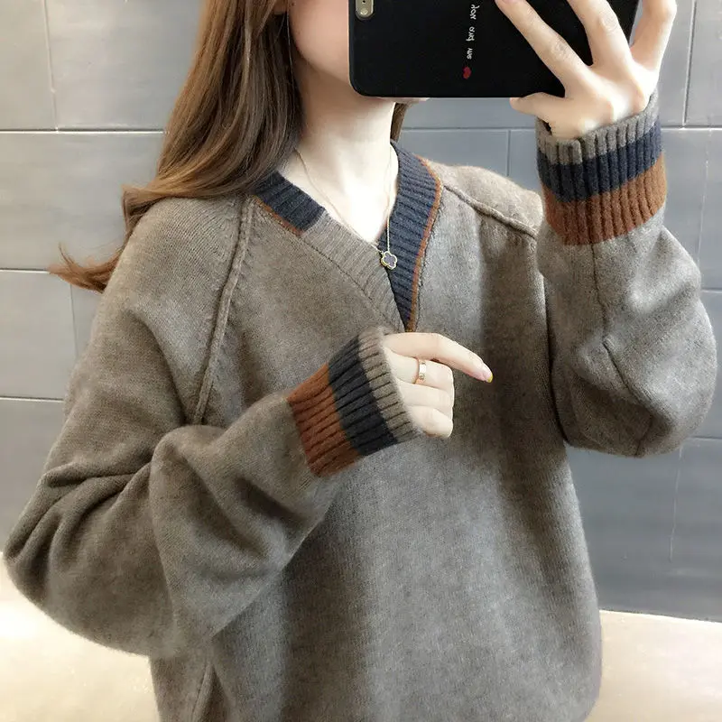 Áo Len Dáng Rộng Cho Nữ, Áo Len Cổ Chữ V Lười Biếng, Retro, Dệt Kim, Lớp Cơ Sở, Áo, Mùa Xuân, Mùa Thu Và Mùa Đông, Mới