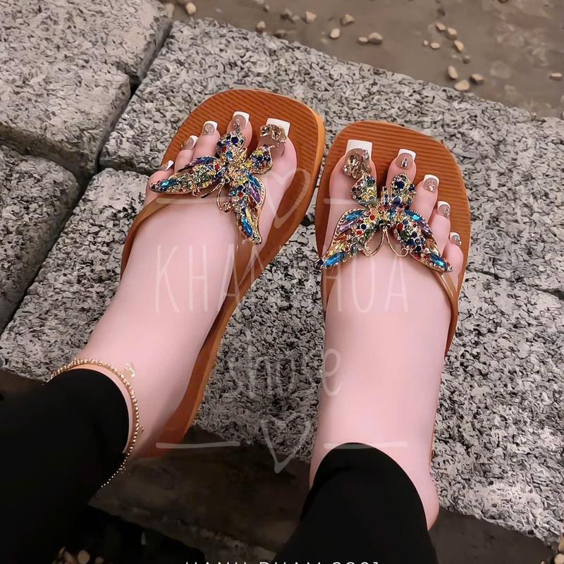  Dép nữ xỏ ngón gắn charm đá nhiều hình mũi vuông sang chảnh DéP Shoes giay dep 