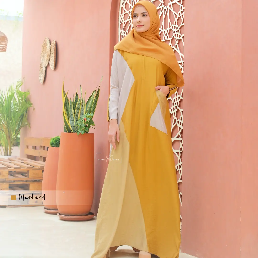 Aleena Abaya Linen Premium - Abaya Kombinasi Warna Polos Dress Cantik Mewah Gold Muslim Tangan Zipper Wanita Gamis
