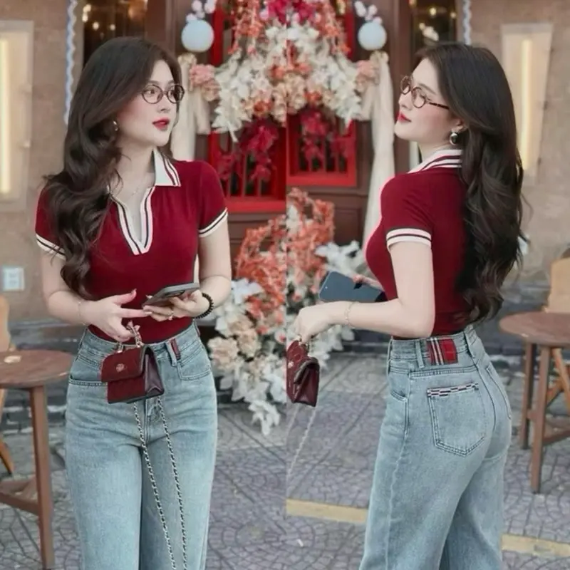 Áo Thun Nữ PoLo Cổ So Mi Phối Bo Sọc Chất Bozip Mềm Mát