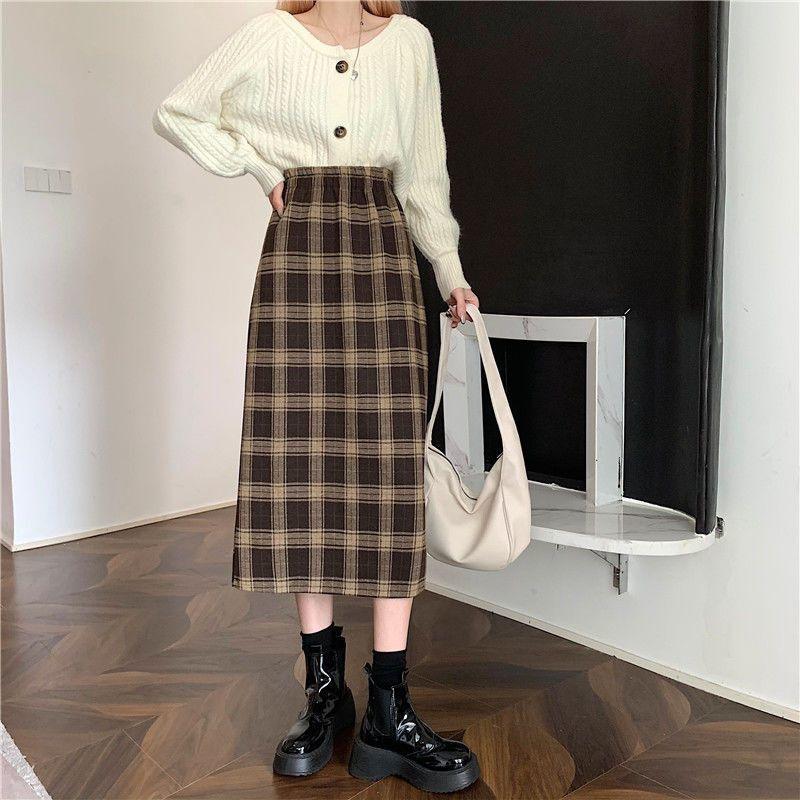 Chân váy midi kẻ sọc mới Chân váy chữ A cổ điển cạp cao cho nữ Chân váy dài E62 Women 4