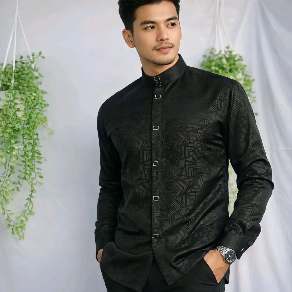 Kemeja Koko Pria Lengan Panjang Motif Embos Semi Slimfit | Kancing Full | Ukuran S–XXXL Kain Nyaman Baju Muslim