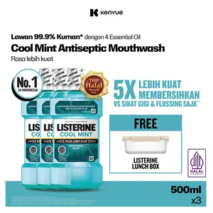 Listerine Cool Mint 500ml (PAKET ISI 3) FREE Lunch Box - Cairan Obat Kumur Mulut Antiseptik