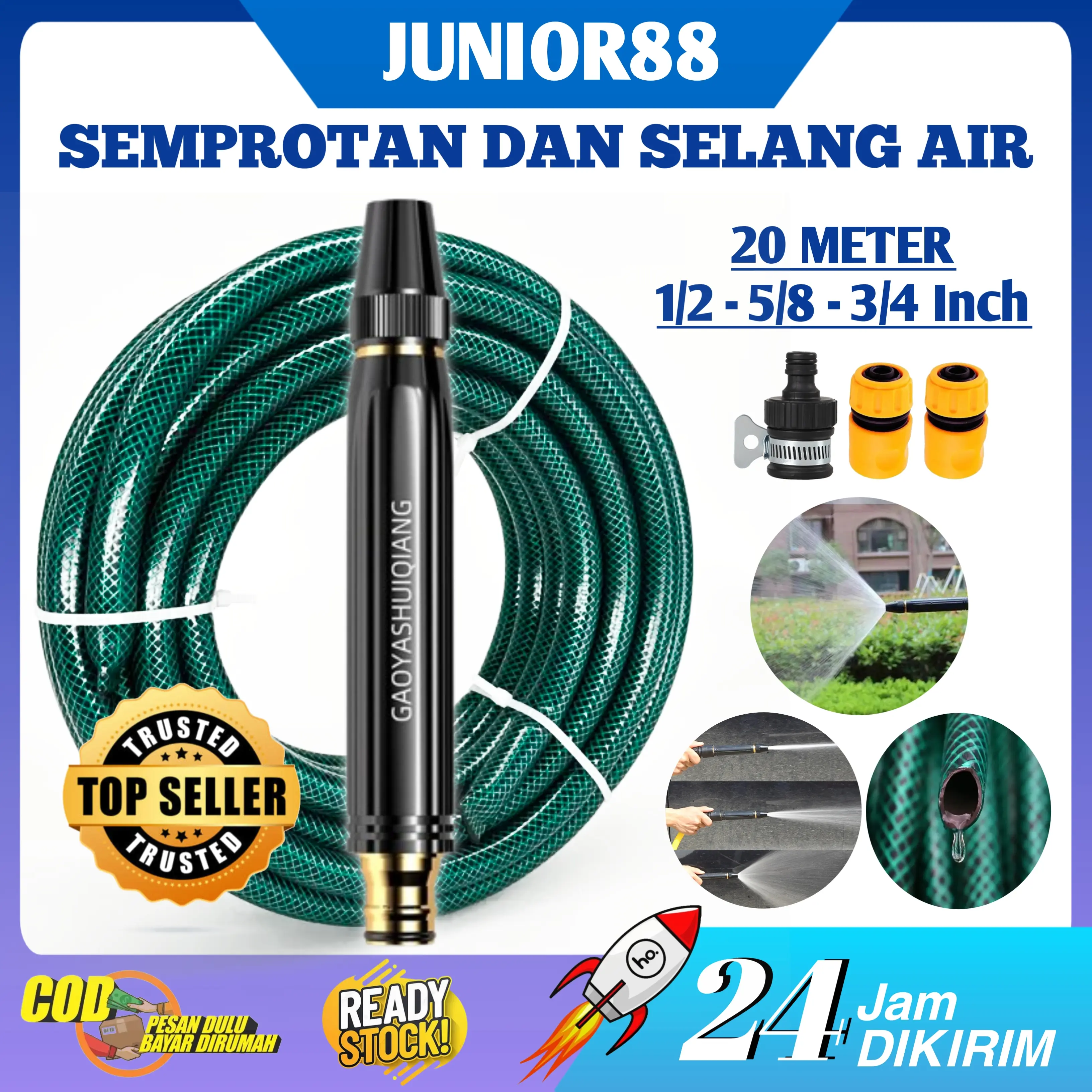 Sepaket Selang Serat Benang Hijau Anti Lumut Ukuran 1/2" Free Nozzle Semprotan Upgrade Full Besi - Paket Alat Cuci Motor Mobil Siram Tanaman
