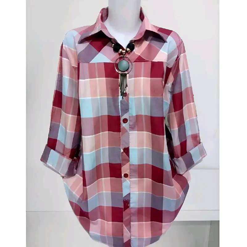 Al dharren tunik jumbo ld 120 muat BB 85 kg blouse kemeja salur garus blus office wanita Baju Atasan Panjang Oversize Motif garis 4