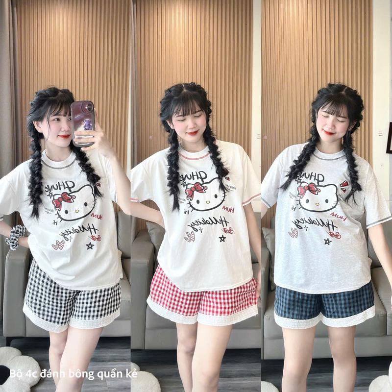 Sét đồ bộ nữ cotton áo form rộng basic phối quần kẻ caro nhẹ nhàng cá tính trẻ trung