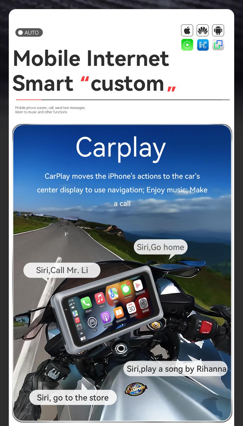 Product Introduction of M6 Motorcycle Portable GPS Navigation Dash Cam Recorder Wireless Apple Carplay Android Auto 6.25 Inch Touch Screen IPX7 Waterproof Tire Pressure System TPMS Metal body 22