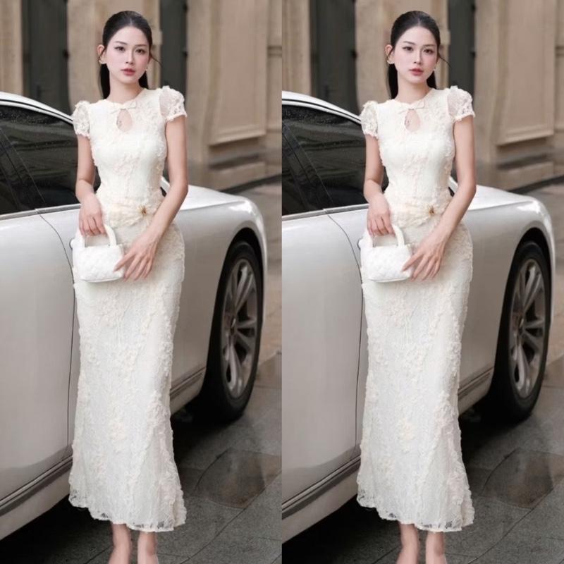   Có Bigsize-Có Sẵn  Đầm ren ôm dài body có tay khoét cổ nhún bụng kèm tag Kho Sỉ Hải Chuyền Đ715 