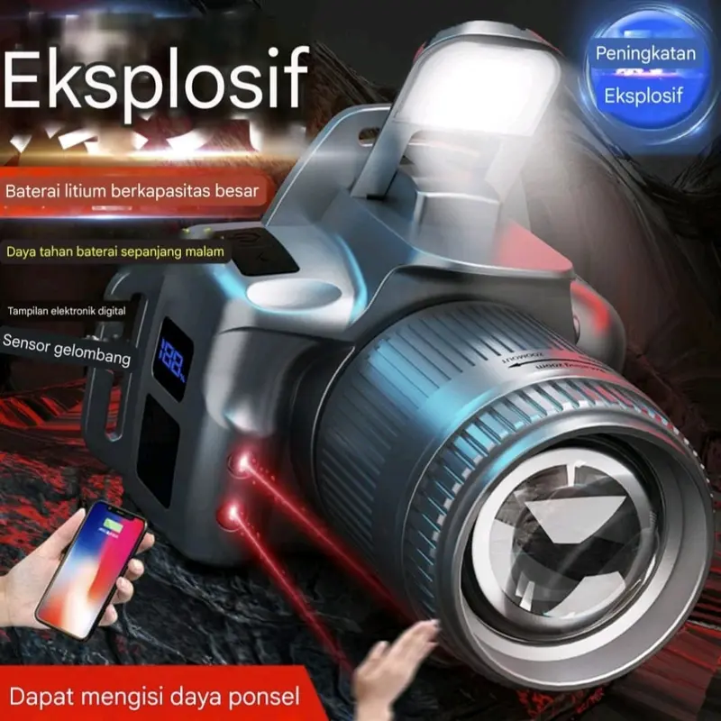 MOVTESS T243 Senter Kepala Zoom LED & Lampu Cob Merah Sensor Cerdas Digital Display Baterai Ganda 2