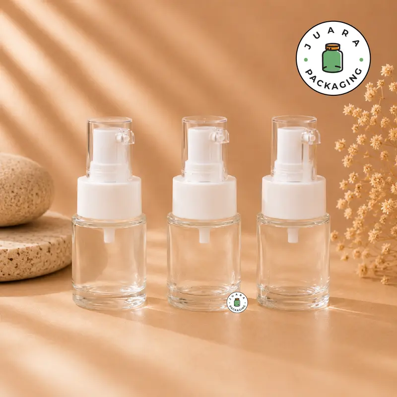 Botol Pump 20ml Kaca Bening Transparan dengan Tutup Pump – Botol Kosmetik Kaca Tebal Elegan untuk Serum, Skincare, Essence, Lotion, Wadah Refill Travel Size 20 ml
