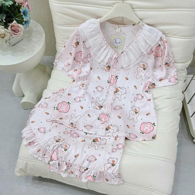 [40-60kg]Bộ Lụa Latin Tơ Tằm Tiểu Thư Queen Tay Ngắn Quần Đùi In Full Họa Tiết 5D Mềm Mát Mặc Nhà Bốn Mùa VIP207 Women Nữ Voi Kem Áo Sen