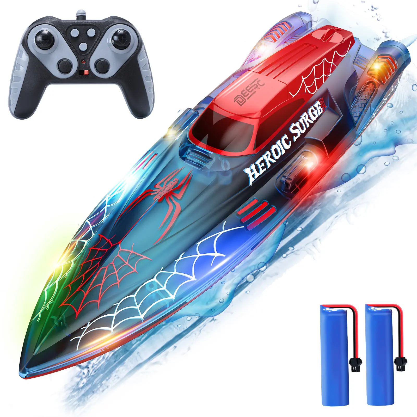 DEERC 13 inch Remote Control Boat for Kids, 2.4Ghz RC Spider Boat with LED Lights for Pools and Lakes, Summer Water Toy Gift for Boys 8-12, 2 Batteries