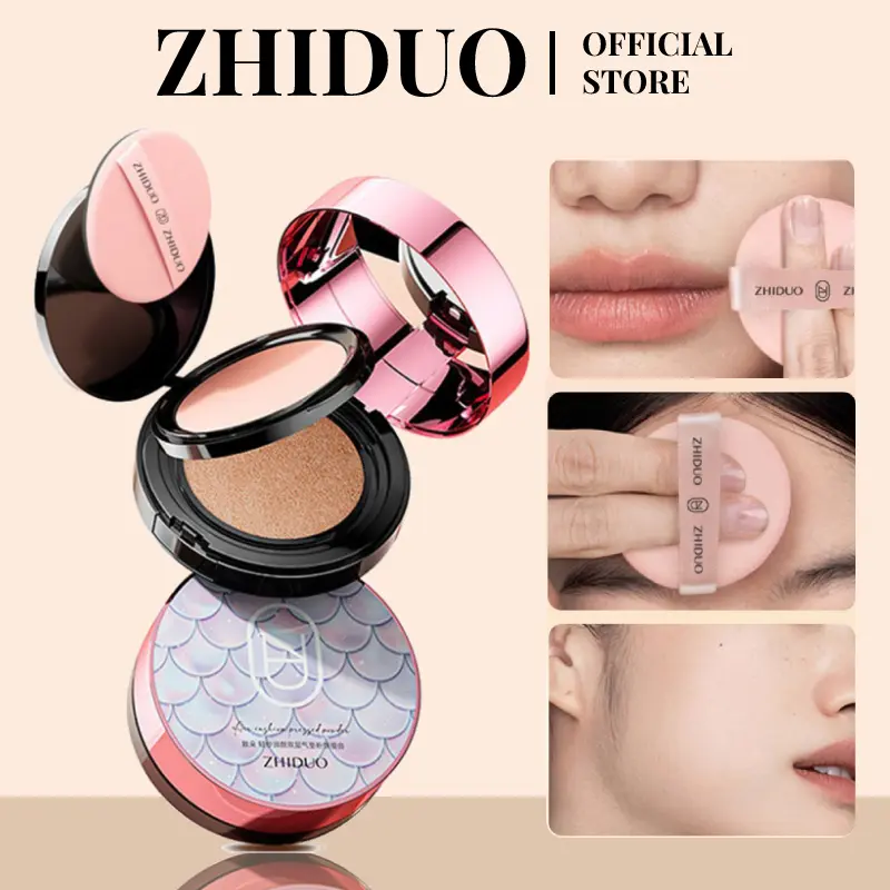 ZHIDUO-Kem BB 2 trong 1, đệm khí + phấn phủ, che khuyết điểm tự nhiên + kiểm soát dầu và định hình, có gương và bông phấn