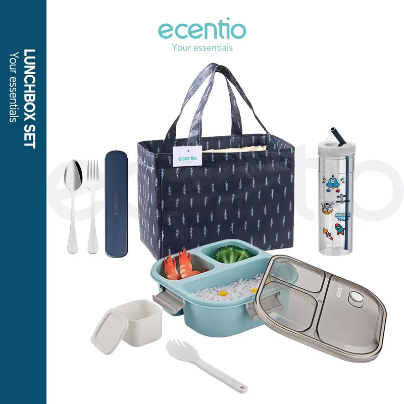 【in stock】【100% Anti tumpah+FREE BPA】【lunch box 1 set】4pcs ecentio lunch box kotak lunch bag botol set  Biru Makan Sendok Wadah Kitchenware 3