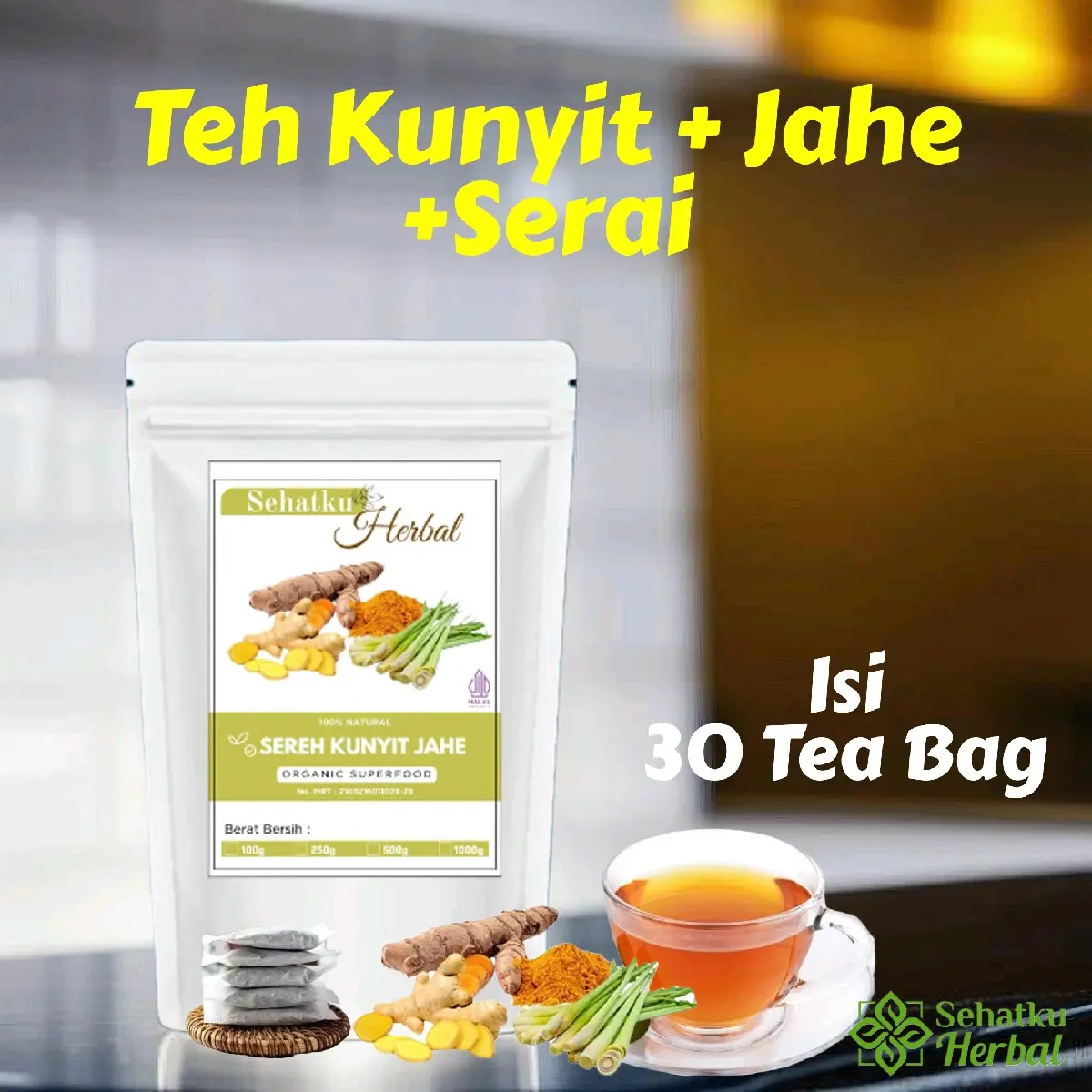 Kunyit Jahe dan Serai : Tumeric Ginger Lemongrass tea Isi 30 tea bag Minuman Herbal teh  detox