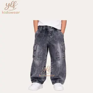 YLF Kidswear Celana Baggy Jeans Anak Skena Gombrong Model Cargo Bahan Soft Jeans Unisex 1-8 Tahun untuk Anak Laki-laki dan Perempuan