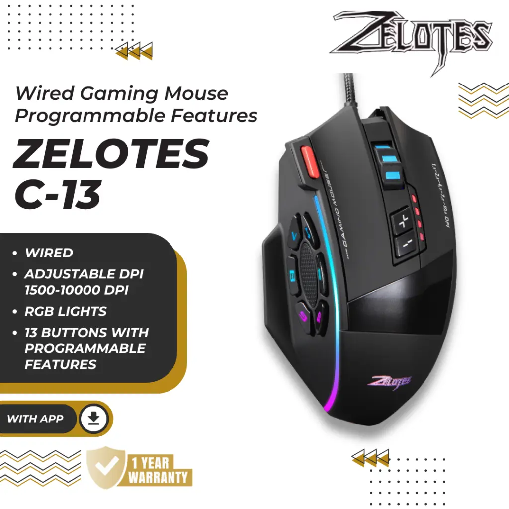Zelotes C13 Wired Ergonomic Gaming Macro Mouse Programmable 13 Button 10000 DPI 5 Level Ergonomis