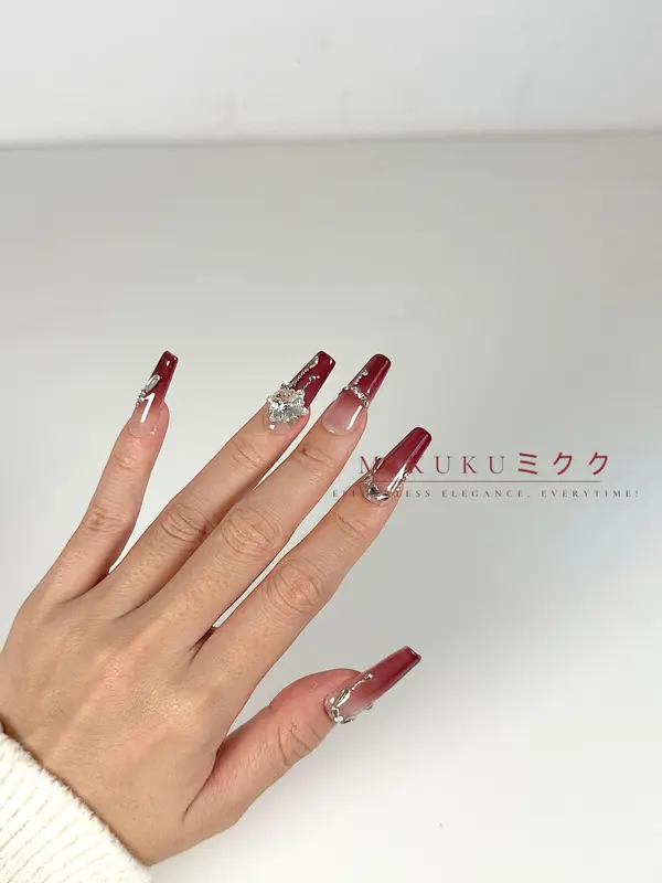 MKK2204 - Burgundy red nail art elegant/douyin style/Press on nails/Nail art/fake nails/press on nails/3D rhinestone/kuku palsu merah maroon glossy 1
