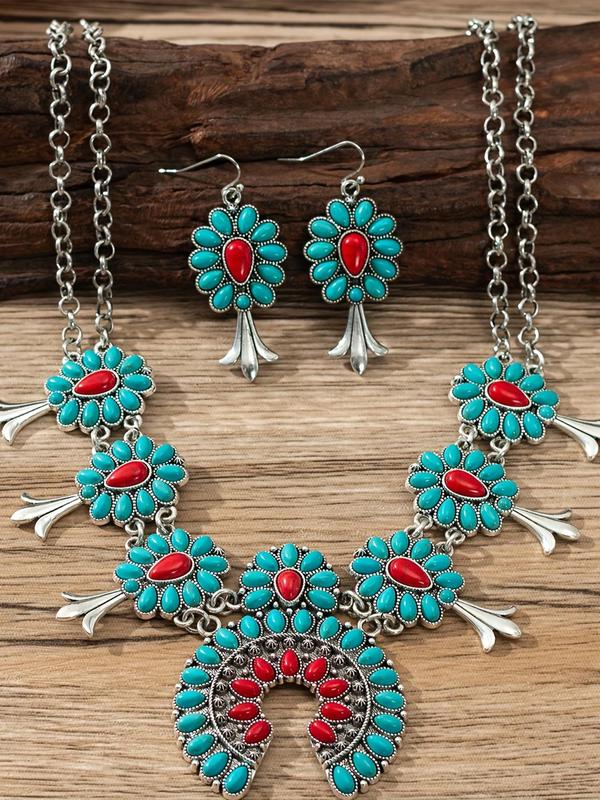 Boho Style Turquoise Decorated Necklace & Dangle Earrings, Fashion Jewelry for Party, Daily Clothing Decor, Trendy All-match & Exquisite Jewelry for Birthday Gift 2