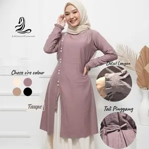 Elara Tunik Malaya Long Tunik Panjang Muslimah Kekinian Full Kancing Aktif Busui Tali Pinggang Adjustable Bahan Polo Linen Adem Nyaman Desain Korean Style Modern Unik