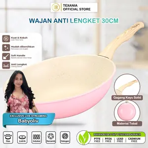 [EXCLUSIVE BABYOLIV] TEXANIA Wajan Anti Lengket Diameter 30cm Gagang Kayu Lembut Tahan Panas  Warna Pink Kitcheanware