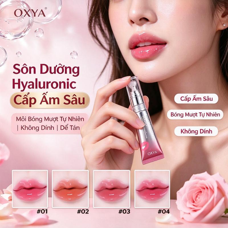 OXYA Son dưỡng hyaluronic cấp ẩm sâu môi khô nứt, làm môi mềm mại căng mọng, độ bóng tự nhiên. Kết cấu nhẹ không dính ly, có 4 tone hot. Dùng hàng ngày, đi chơi, dưỡng ban đêm, phục hồi môi khô ráp, giữ môi tươi tắn suốt ngày.