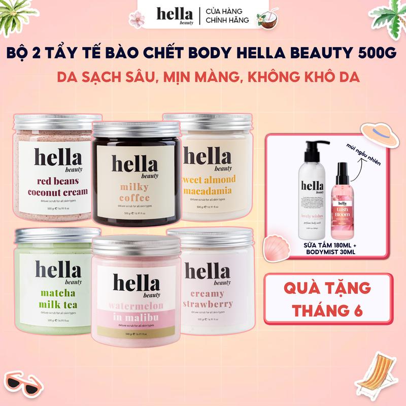 Bộ 2 tẩy tế bào chết body Hella Beauty 500g giúp làm sạch sâu hỗ trợ dưỡng sáng da