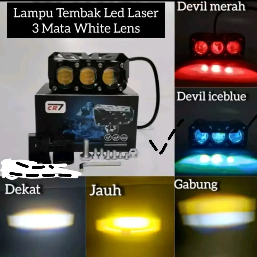 LAMPU TEMBAK CR7 LASER 3MATA putih lens bahan full alumunium plus devil