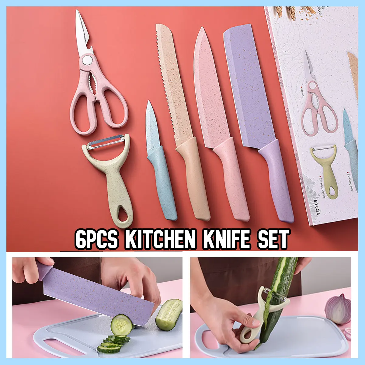 [SG] 6pcs Ceramic Kitchen Knife Set/Colorful Stainless Steel Cleaver Scissor/ Kitchen Ceramic Peeler Tools/ Anti-rust Knife Set