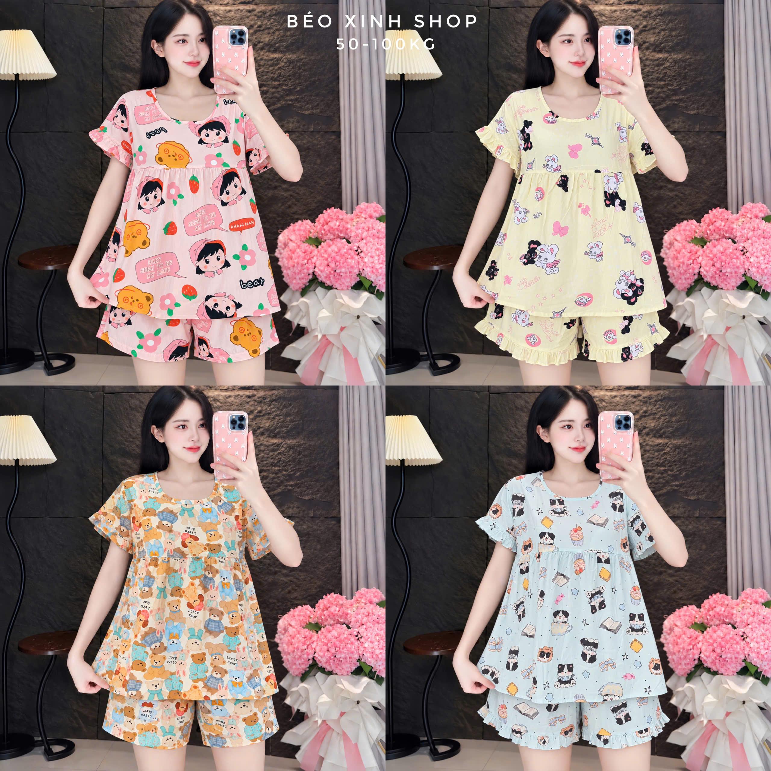 Bộ Đồ Ngủ Nữ Bigsize Tole 2 Da Loại 1 Tay Bèo Quần Short 50–100kg Pijama Bigsize 50–100kg - A.5059