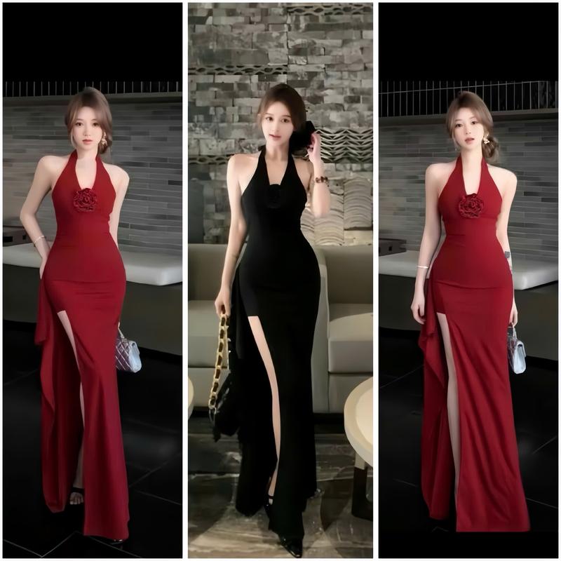  Đầm body cổ yếm dáng dài   Có Mút   thiết kế đính hoa ở cổ  xẻ tà bèo sang trọng quý phái thích hợp cho nữ mặc đi tiệc đi dạ hội 