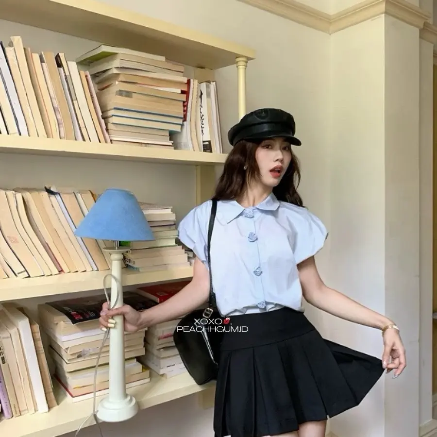 Malia Flower Top | More than Poetry Collection Romantic Sweet Puffed Sleeves Polo Collar Flower Decoration Pleated Design Minority Fashion Shirt Top