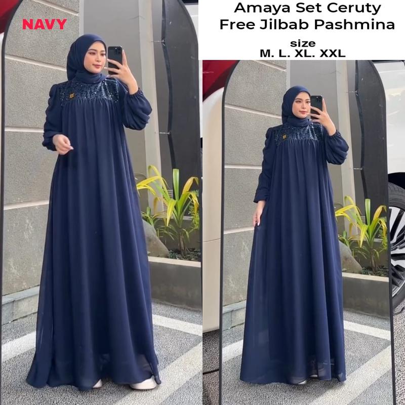 Gamis AMAYA SET JILBAB Dress Remaja Kekinian Maxi Dres Ceruty Mix Brukat Spangle Payet Import Dress Pesta Termurah Kerja Muslim Wanita Kondangan Lebaran Mewah 3
