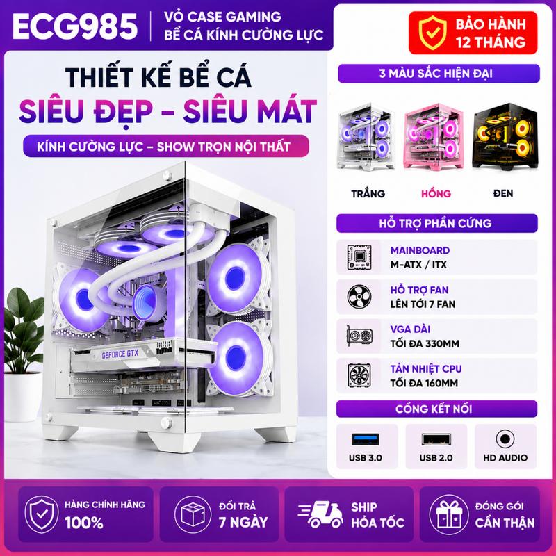 Vỏ Case EMASTER ECG985 Bể Cá mATX Kính Cường Lực | Chưa bao gồm Fan và các linh kiện bên trong Gaming Đẹp