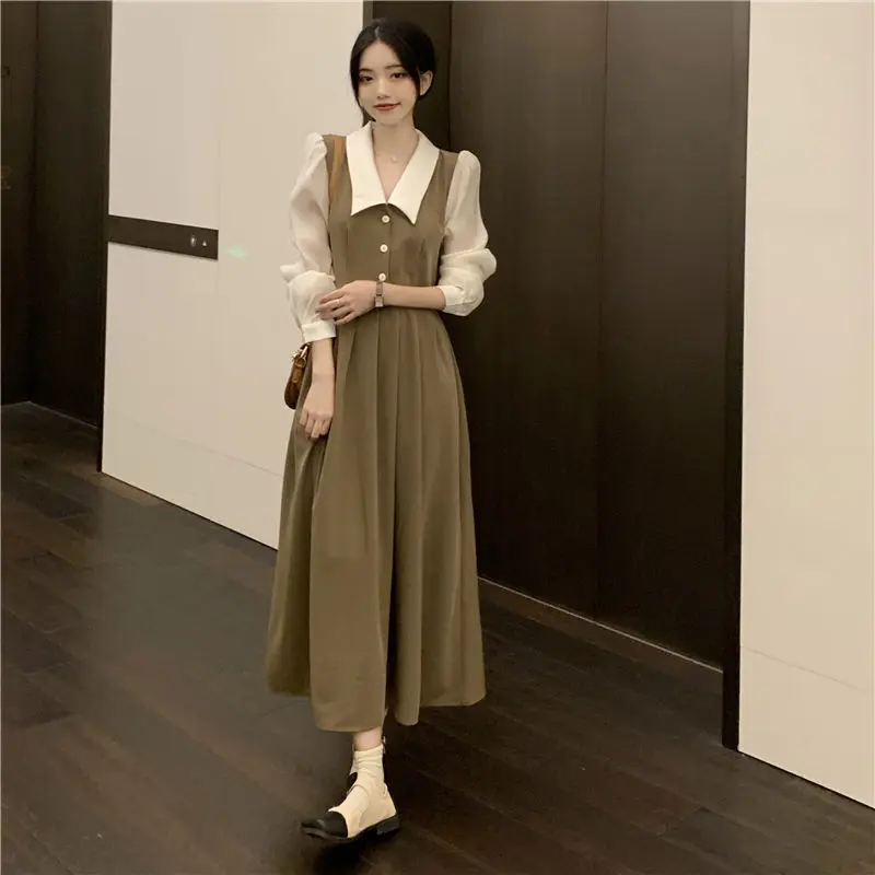 Big collar women's dress slim fit and slimming long sleeved new style temperament French retro design sense niche Hepburn style long skirt fashion Casual Womenswear
