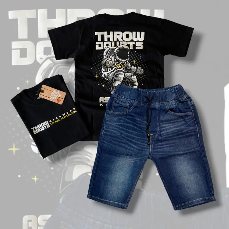 Setelan Jeans Slim Anak Dan Baju Kaos Distro Bahan Katun Usia 3-12 Tahun Hitam T17 Pakaian Fashion Motif Motif 1