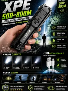 Senter LED Rechargeable USB 36W  – 4 Mode Cahaya, Tahan Air, Portable