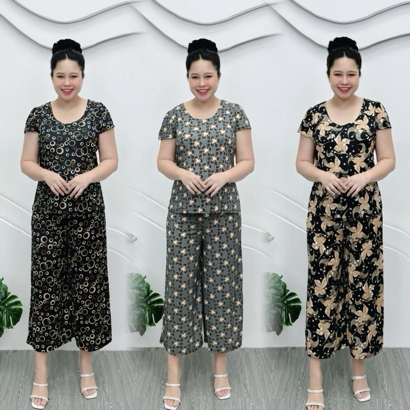 T42 Đồ bộ trung niên set bộ cho mẹ thun tăm thái mềm mát quần ống rộng 9 tấc 50-80kg Nữ Áo Women Nhung