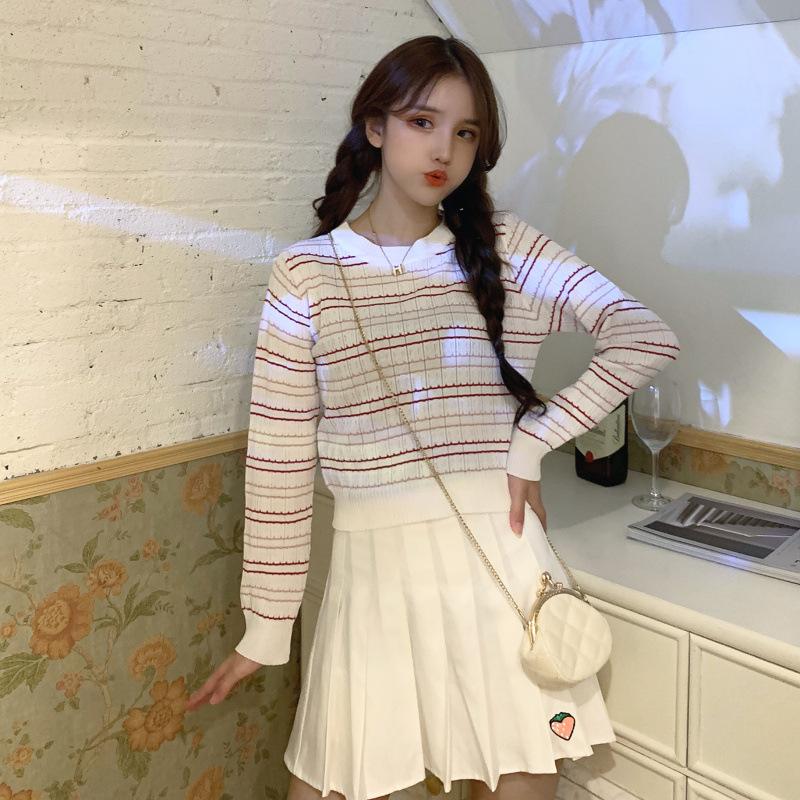 Product Introduction of Misso Kode BJ1653 Baju Atasan Sweater Knit Rajut Korean Fashion Wanita Lengan Panjang Motif Garis Knitwear Top Crop Salur  Stripe Outer 3