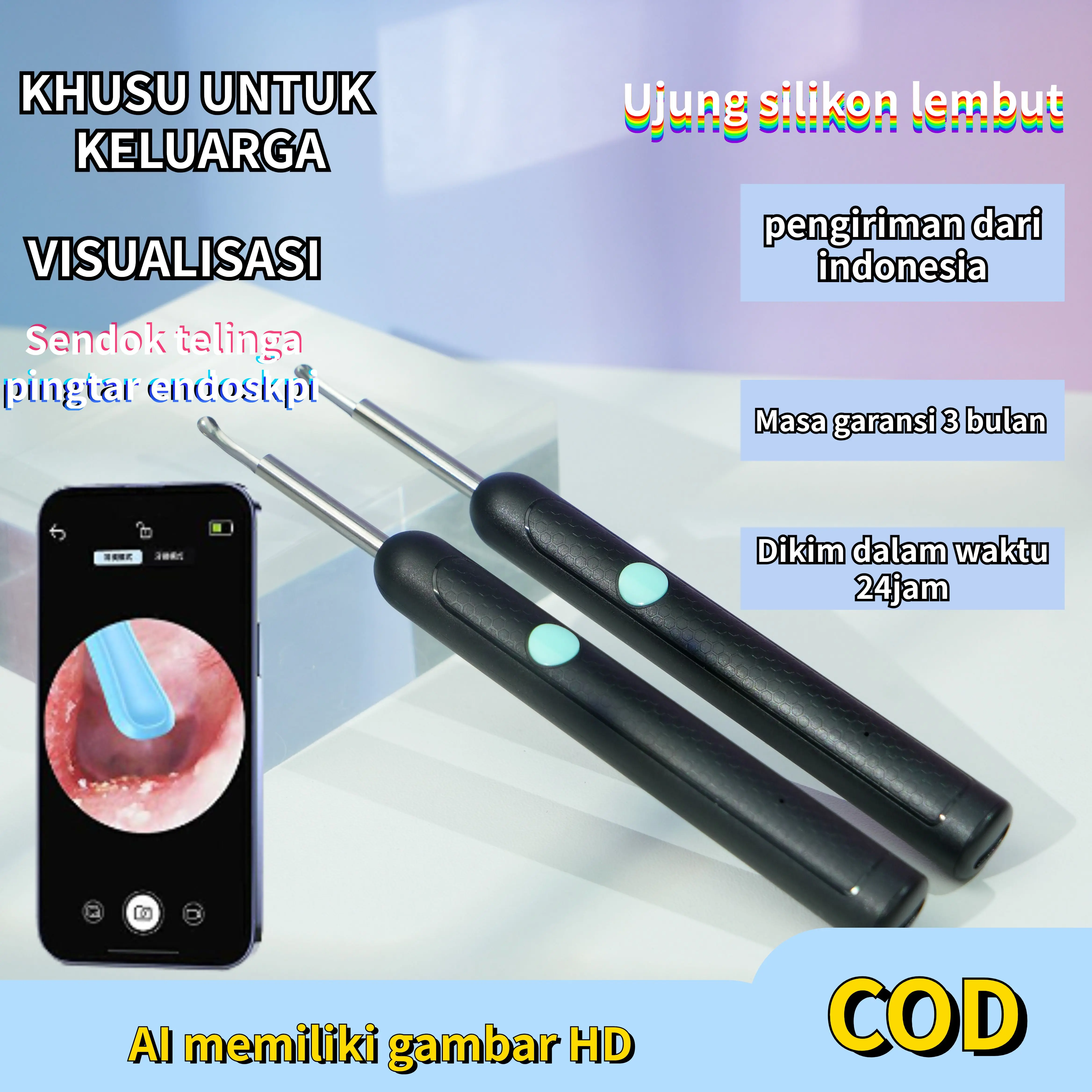 LG COD【Harga Promo Produk Baru】Pembersih Telinga Nirkabel LED dengan Koneksi WiFi dan Sendok Telinga Berkualitas Tinggi, Cocok untuk Anak-anak dan Dewasa. Dapat Terhubung ke HP, Warna Hitam, Membersihkan Telinga, Bukan Alat Medis