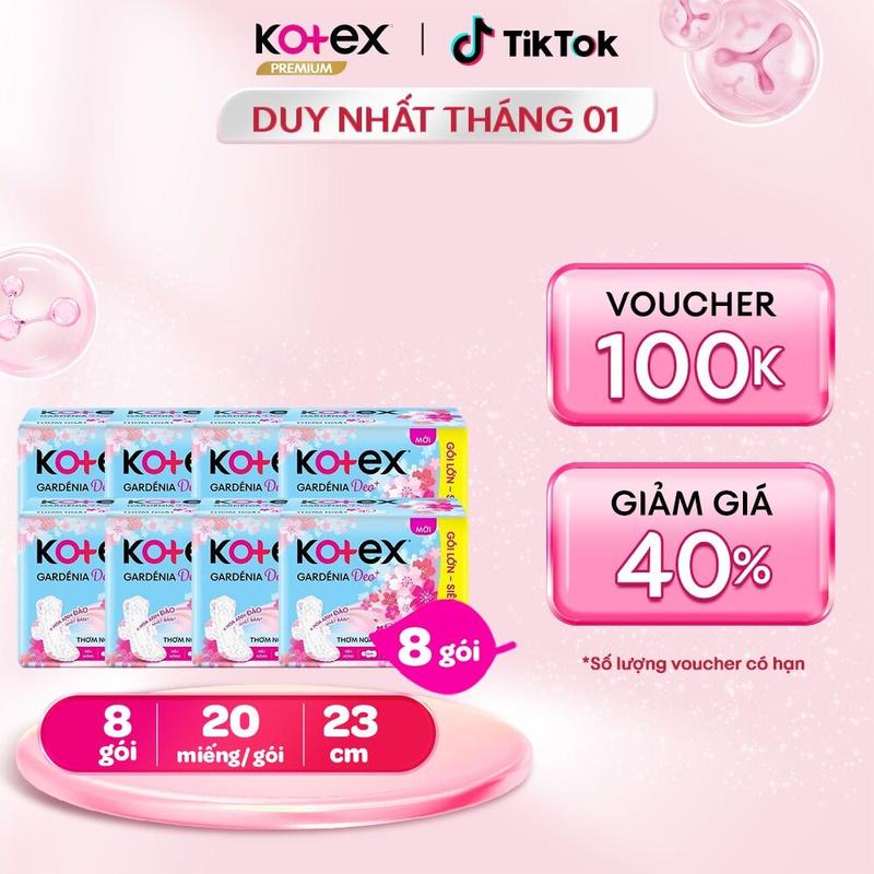 QUÀ TẶNG HOT 8 gói băng vệ sinh nữ Kotex Gardenia Deo+ - Hoa Anh Đào siêu mỏng cánh 23cm 20 miếng gói Mặt bông Thấm hút tốt Chống tràn Khử mùi hương hoa anh đào bvs kinh nguyệt nhiều ban ngày miễn phí vận chuyển chính hãng tampon.