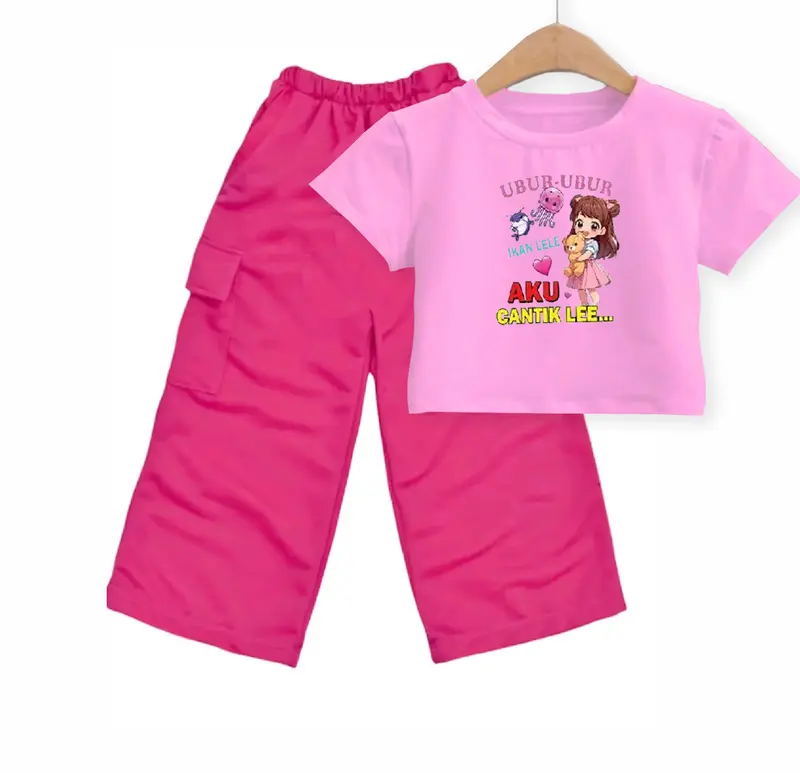 Ubur-ubur Ikan Lele Setelan Anak Perempuan Usia 5-10 Tahun Kaos Crop Top Dan Celana Kargo Viral Fashion Baju 2