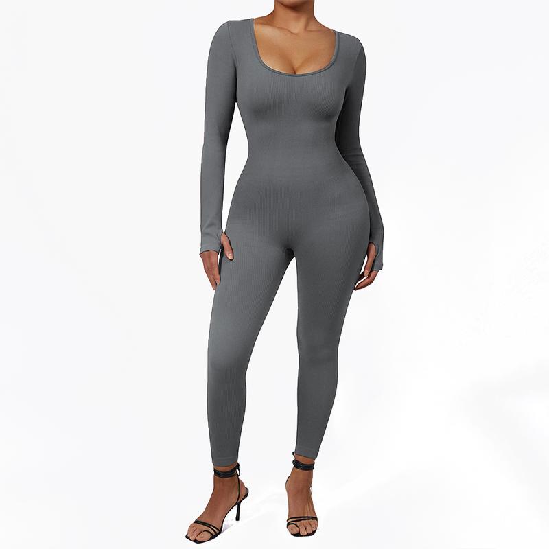 Mooslover Ribbed Jumpsuits Yoga Long Sleeve Workout Jumpsuits 1