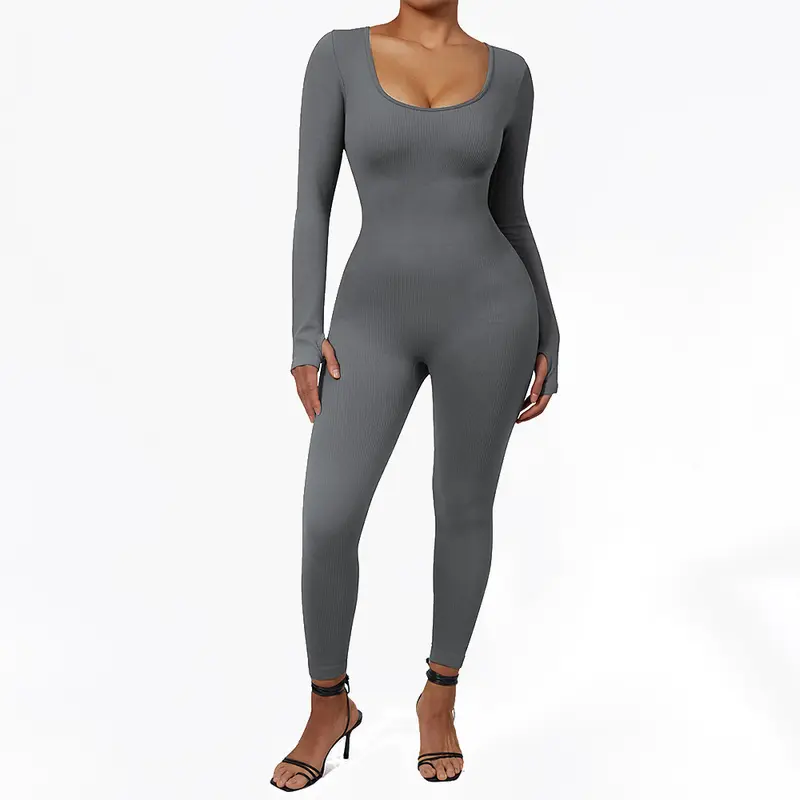 Mooslover Ribbed Jumpsuits Yoga Long Sleeve Workout Jumpsuits 1