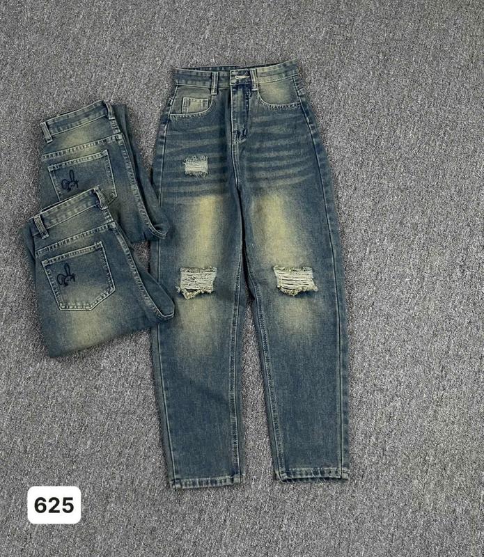 Quần jean nữ ống Đứng lưng cao thêu logo thỏ k co Dãn ,Quần baggy nữ phom 9 tấc rách gối 2 bên màu xanh bụi TH625