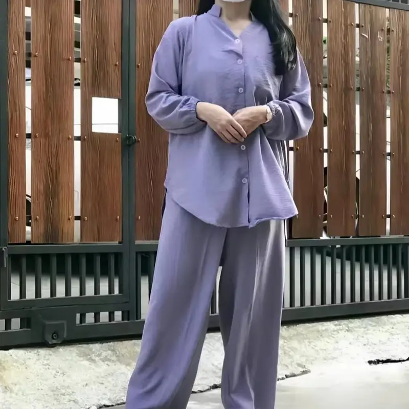 KEMEJA SETELAN WANITA DEWASA JUMBO - ATASAN WANITA DEWASA - STELAN DEWASA BAHAN CRINKEL AIRFLOW Baju Celana Panjang Kerah Balon  Crinkle Standar Linen Casual Bawahan Nyaman Variasi Blazer 0