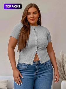【Talla Grande】 Top corto de manga corta acanalado, Top casual con frente con botones para verano, Ropa de mujer plus para uso diario