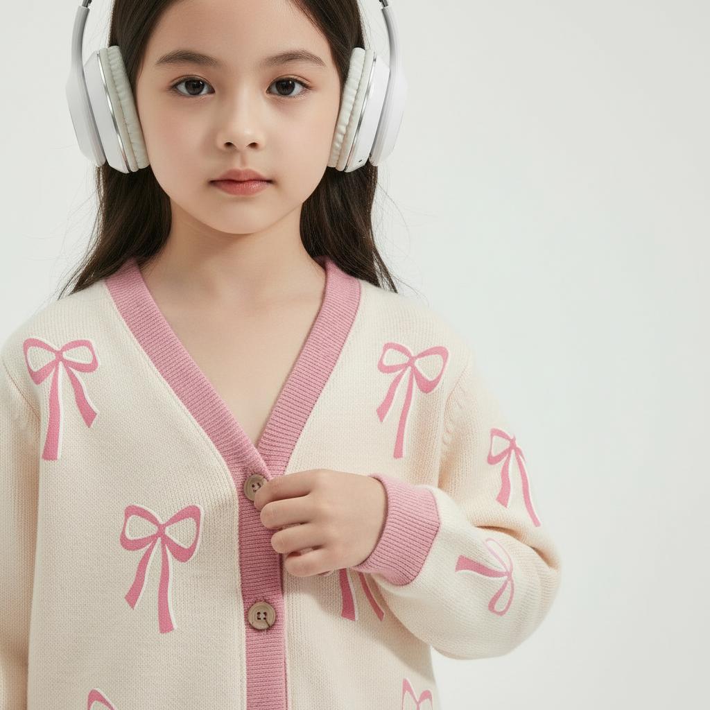 CAIFU Jaket Cardigan Pita Cream Anak Perempuan Lengan Panjang Y2K Usia 3-12 Tahun Bahan Lembut Halus Nyaman Adem Variasi Warna Pastel Cantik Fashion